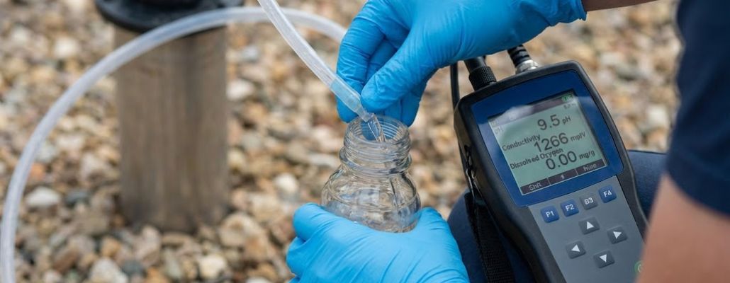 Técnico ambiental realizando a coleta cuidadosa de amostra de água subterrânea em frasco de laboratório, utilizando técnica de baixo fluxo e monitorando parâmetros com medidor digital.