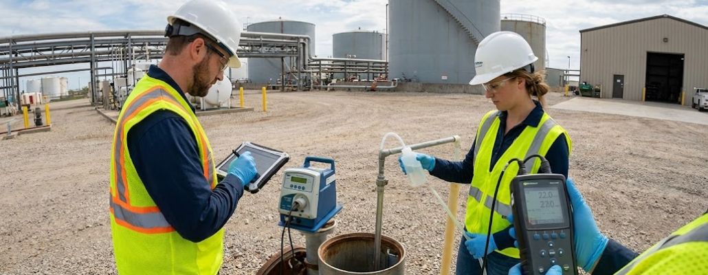 Equipe de consultores ambientais realizando amostragem de água subterrânea em poço de monitoramento com bomba de baixo fluxo e registro de dados em tablet em uma instalação industrial.