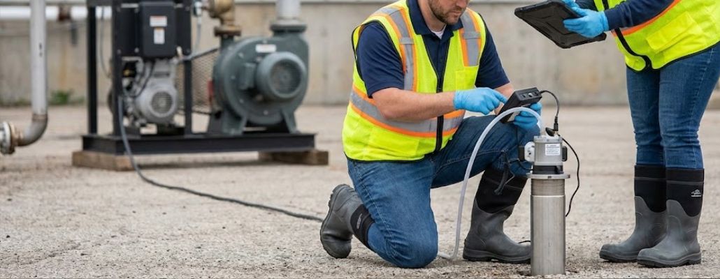 Consultores ambientais da A2J realizando amostragem de águas subterrâneas com equipamento de baixo fluxo como parte do processo de GAC.