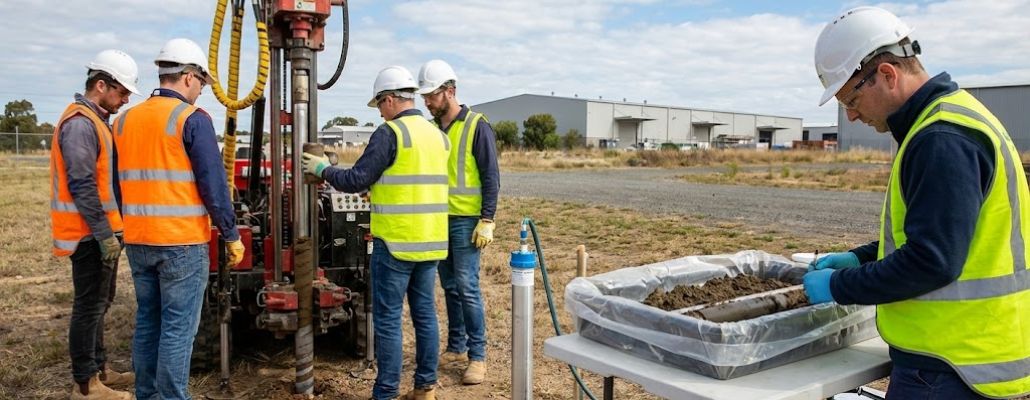 Equipe de consultores ambientais realizando sondagem de solo e coleta de amostras em campo para investigação ambiental.