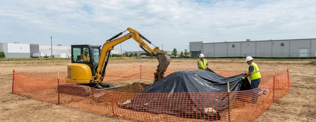 Operação de remediação ambiental em terreno baldio, com pequena escavadeira movendo solo e trabalhadores cobrindo pilha de material com lona.