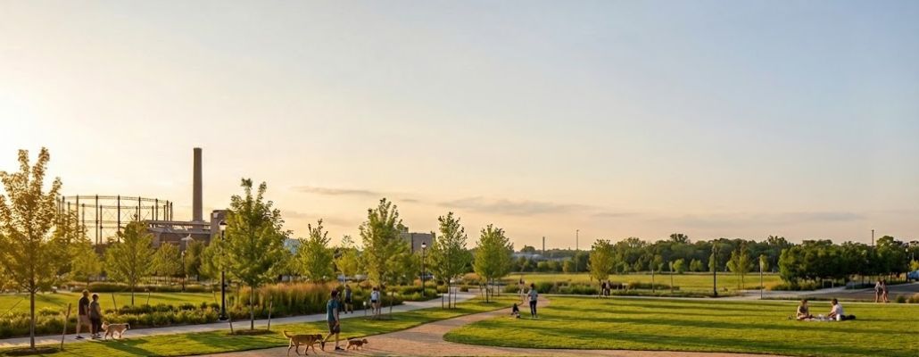 Parque urbano com amplas áreas verdes, caminhos e pessoas, construído em um antigo local industrial com chaminé e estruturas preservadas ao fundo ao pôr do sol.