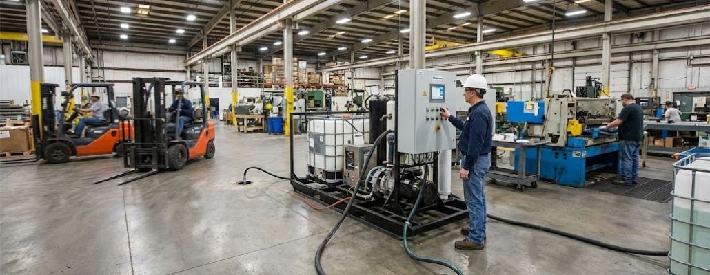 Sistema de remediação de solo in situ compacto operando dentro de uma fábrica ativa, com técnico verificando o painel enquanto a produção industrial e o tráfego de empilhadeiras continuam normalmente ao redor.