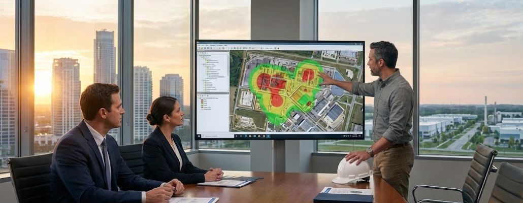 Executivos e consultor ambiental em sala de reunião analisando mapa de risco de área contaminada em grande tela, com capacete sobre a mesa.
